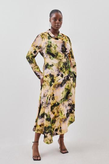 Plus Size Abstract Print Satin Asymmetric Woven Maxi Dress multi