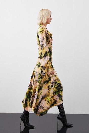 Abstract Print Viscose Satin Asymmetric Woven Maxi Dress multi