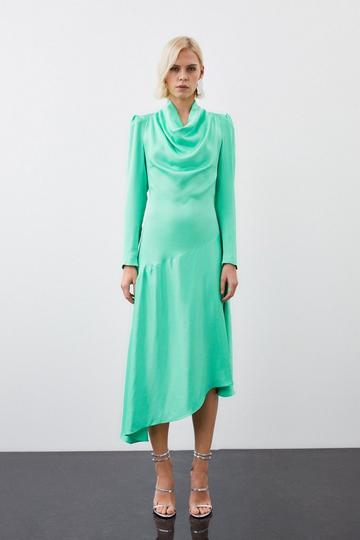 Green Viscose Satin Asymmetric Woven Maxi Dress