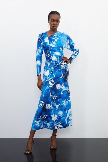 Pressed Floral Print Asymmetric Jersey Crepe Maxi Dress blue