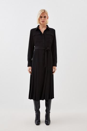 Black Soft Tailored Pleated Pocket Detail Midi Shirt Dress