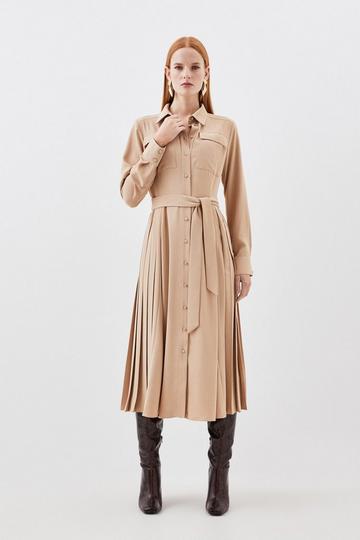 Soft Tailored Pleated Pocket Detail Midi Shirt Dress camel