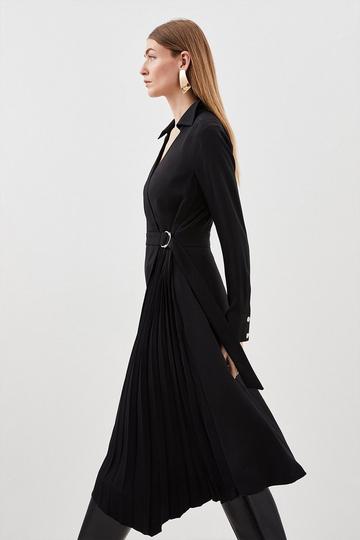 Soft Tailored Pleat Detail Belted Shirt Dress black