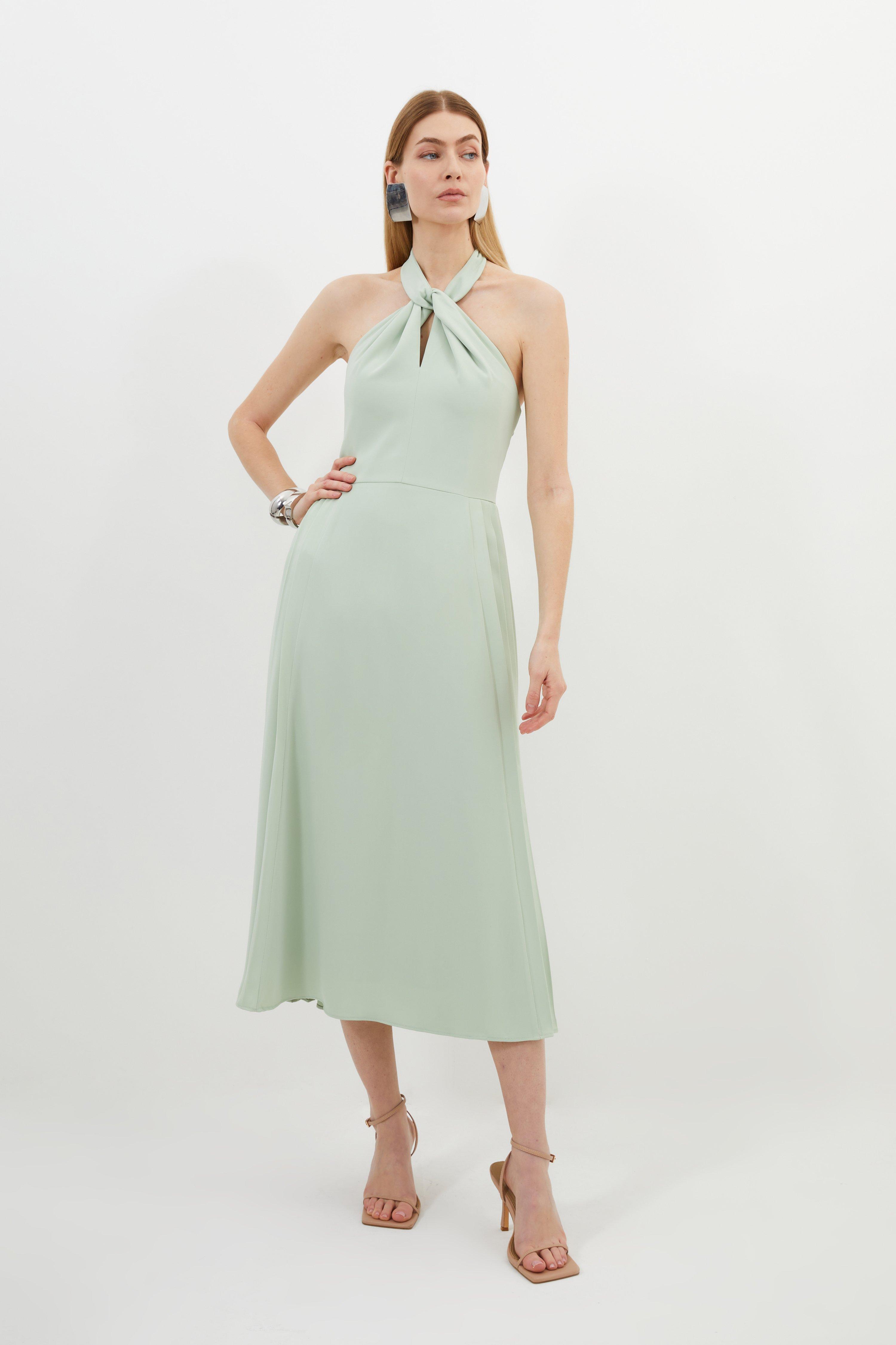 Petite Soft Tailored Halter Tie Neck Pleat Detail Midi Dress