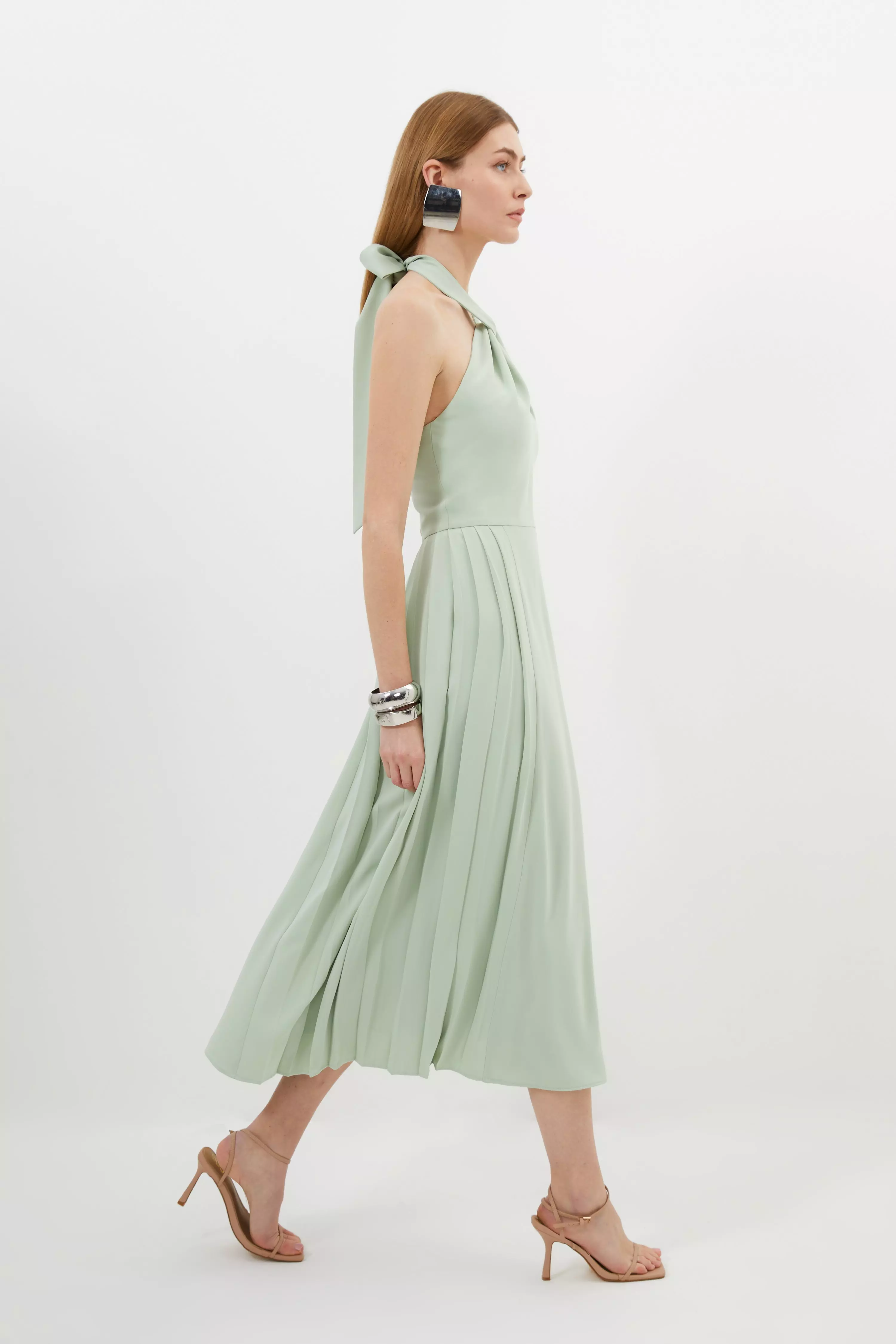 Halter tie neck shop midi dress in pleat