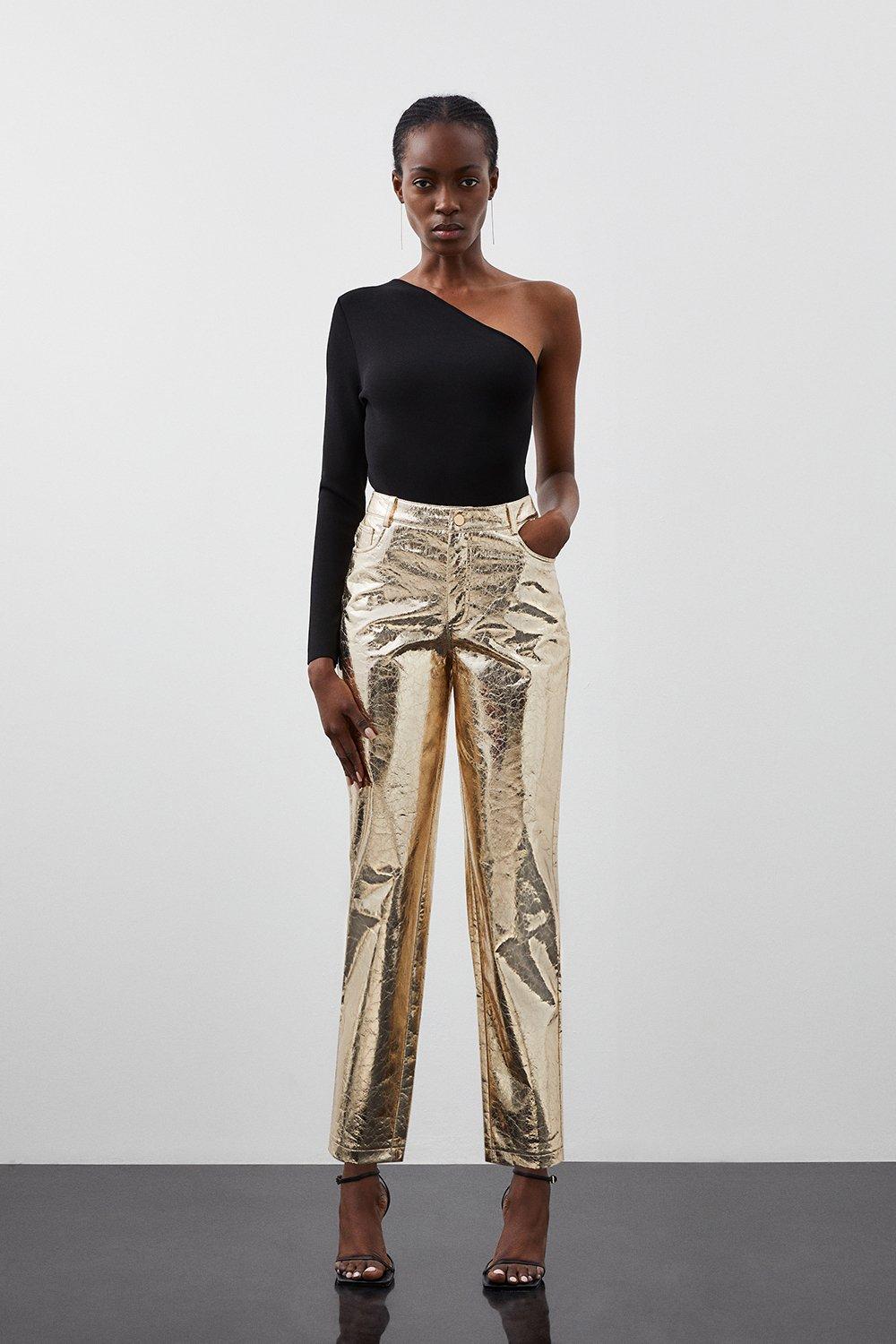 Petite Metallic Faux Leather Straight Trousers - Gold