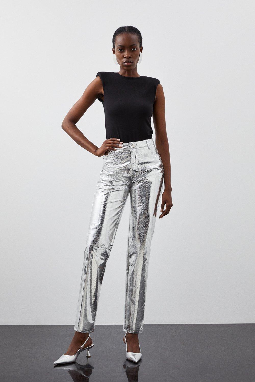 Petite Metallic Faux Leather Straight Trousers - Silver