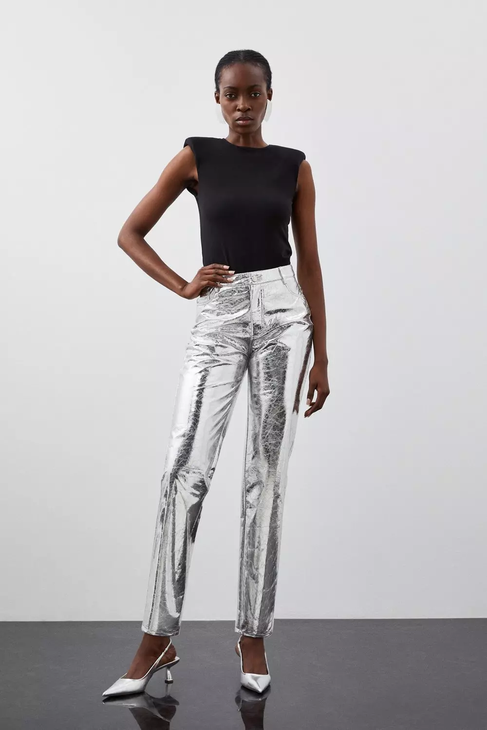 ZARA WOMAN NEW ZW THE BOY BOY TROUSERS SILVER METALLIC JEANS EUR