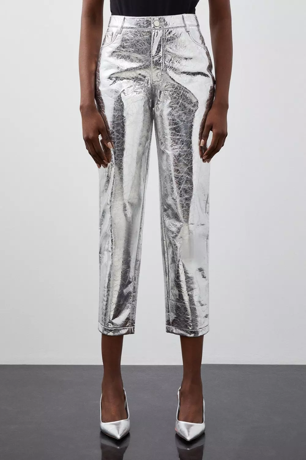 Petite Metallic Faux Leather Straight Leg Trouser