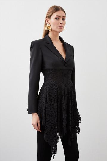 Tailored Italian Lace Detail Longline Blazer black