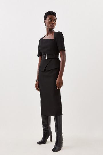 Black Petite Structured Crepe Asymmetric Belted Midi Pencil Dress