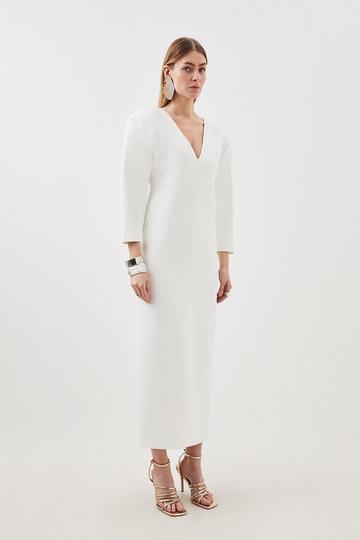 Petite Compact Stretch Tailored Ruched Sleeve Maxi Dress ivory
