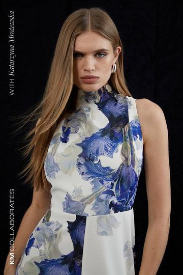 Tailored Crepe Floral Print Tie Neck Midi Dress multi