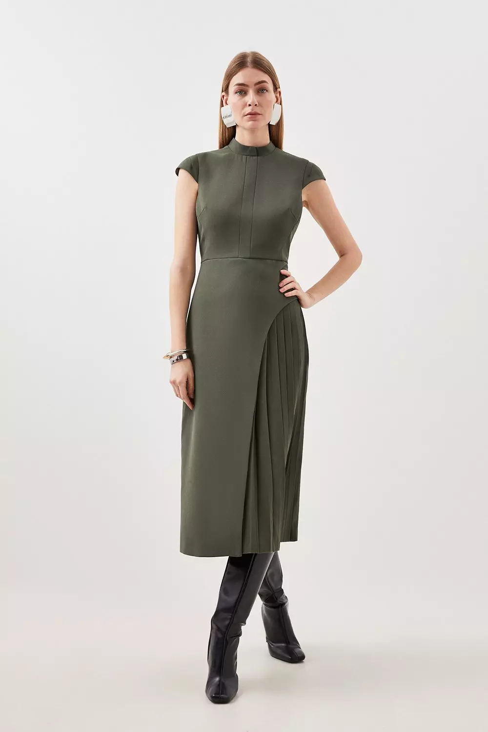 Petite Military Pleated Tailored Crepe Midi Dress Karen Millen