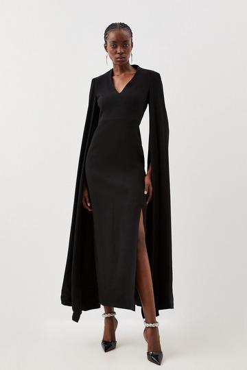 Black Petite Compact Stretch Viscose Cape Sleeve Midi Dress