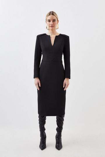 Black Petite Compact Stretch Waist Detail Tailored Midi Dress