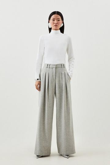 Grey Petite Tailored Wool Blend Double Faced Wide Leg Trousers