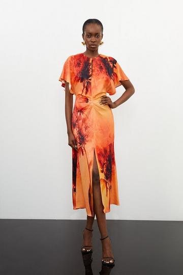 Floral Print Satin Crepe Woven Angel Sleeve Midi Dress burnt orange