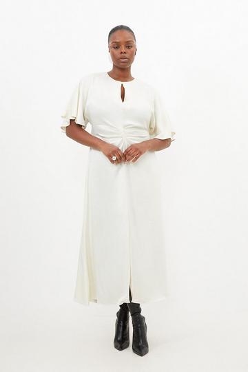Plus Size Satin Crepe Woven Angel Sleeve Midi Dress cream