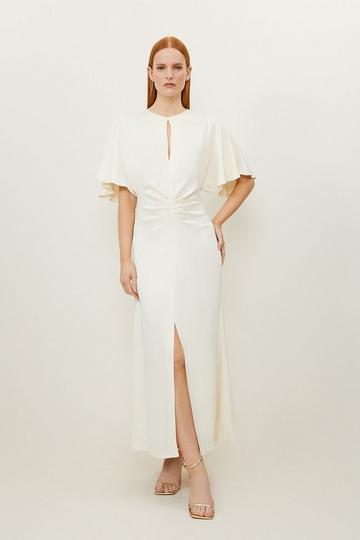Satin Crepe Woven Angel Sleeve Midi Dress cream