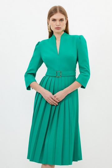 Green Tailored Structured Crepe High Neck Pleated Midi Dress