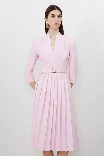 Tailored Structured Crepe High Neck Pleated Midi Dress pink