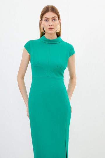 Green Tailored Structured Crepe High Neck Cap Sleeve Midi Dress