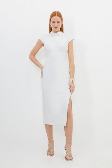 Tailored Structured Crepe High Neck Cap Sleeve Midi Dress ivory