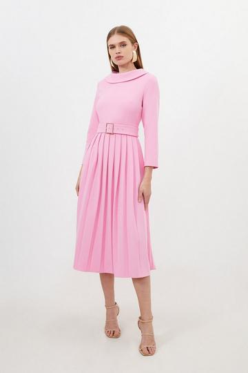 Tailored Structured Crepe Roll Neck Pleated Midi Dress pink