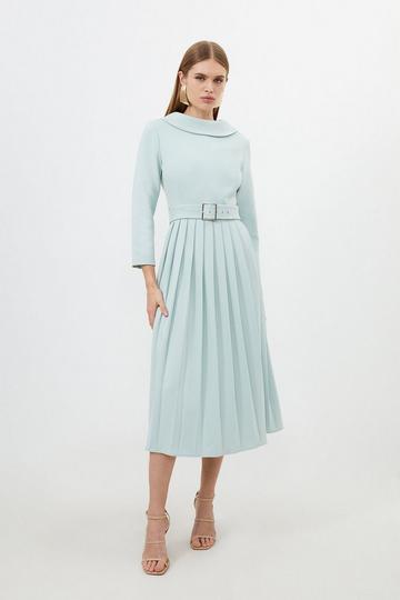 Tailored Structured Crepe Roll Neck Pleated Midi Dress sage