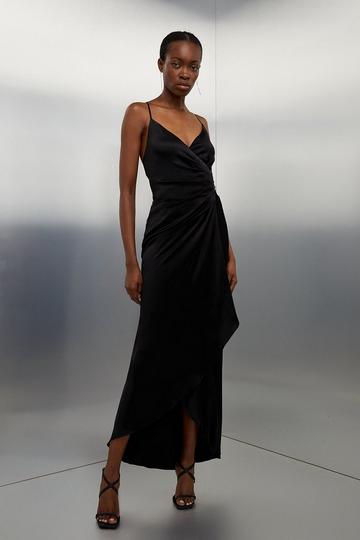 Premium Ruched Slip Woven Maxi Dress black