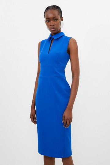 Cobalt Blue Stretch Crepe Cut Out Detail Collared Tailored Midi Dress