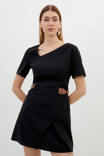 Black Tailored Crepe Asymmetric Neckline Pleated Midi Dress