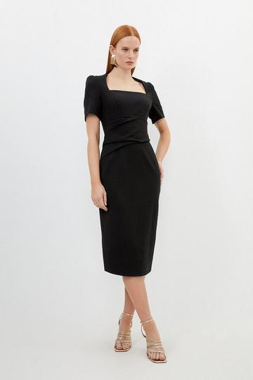 Black Tailored Structured Crepe Drape Square Neck Midi Dress