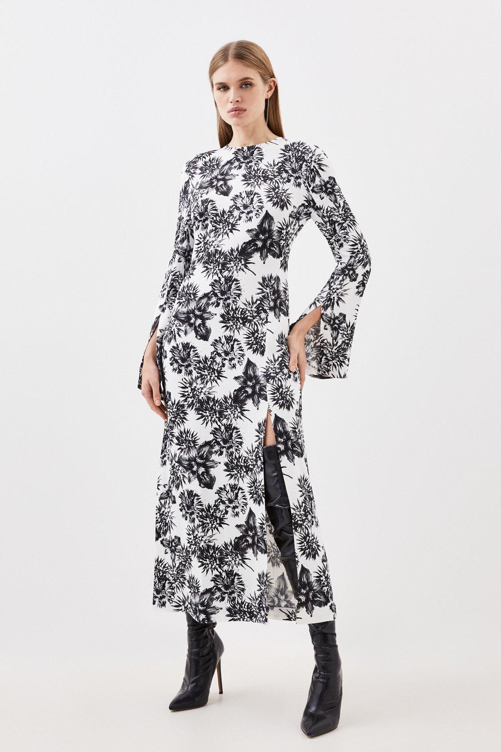 Mono Floral Woven Viscose Satin Midi Dress - Mono