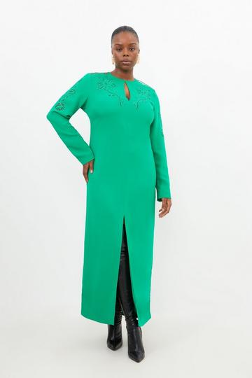 Plus Size Premium Cady Cutwork Woven Long Sleeve Maxi Dress green