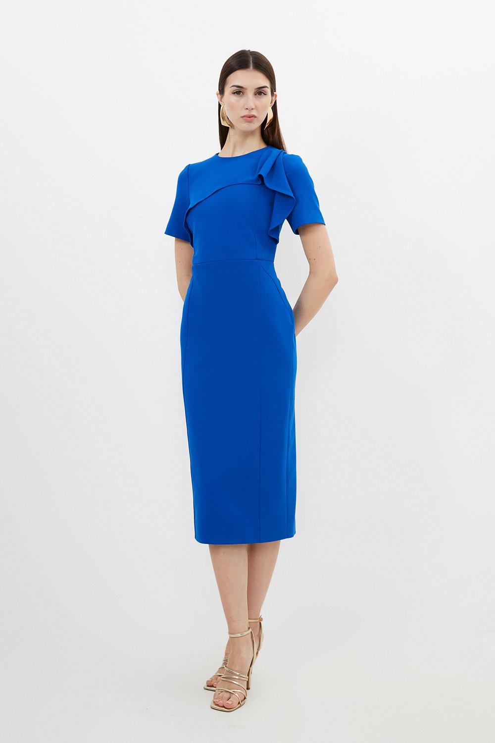 Royal Blue Dress - Pleated Satin Midi Dress - Halter Midi Dress