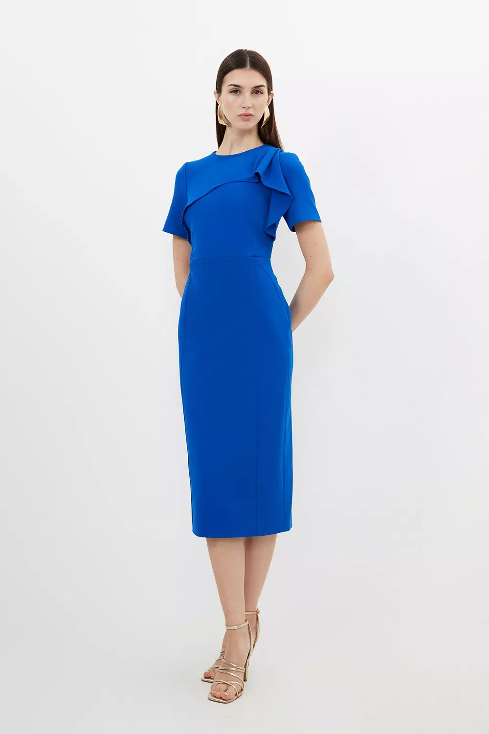 Petite Tailored Structured Crepe Ruffle Pencil Midi Dress