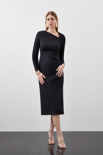 Black Petite Scuba Tailored Asymmetric Mesh Panels Maxi Dress