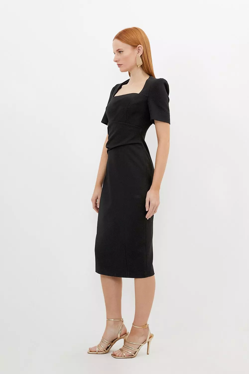 Petite Tailored Structured Crepe Square Neck Midi Dress | Karen Millen