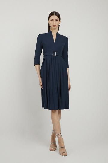 Navy Petite Tailored Structured Crepe Pleated Midi Dress
