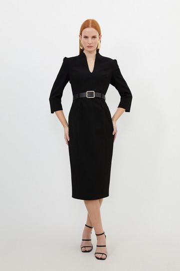 Black Petite Tailored Structured Crepe Belted Pencil Dress