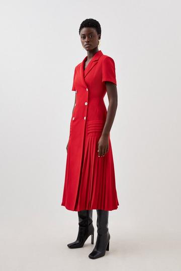 Red Tall Pleated Woven Midi Blazer Dress