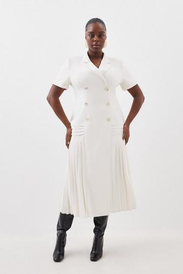 Plus Size Pleated Woven Midi Blazer Dress ivory