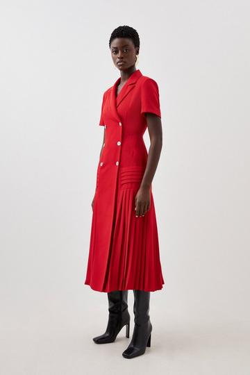 Red Pleated Woven Midi Blazer Dress