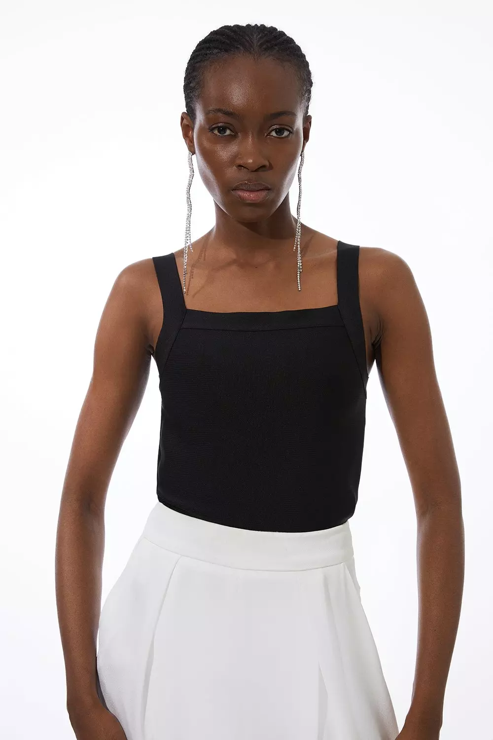 Square Neck Sleeveless Ribbed Knit Top in Black