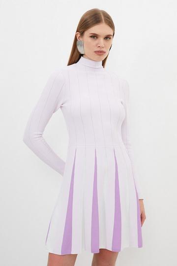 Lilac Purple Viscose Blend Colour Blocked Pleated Knit Skater Dress