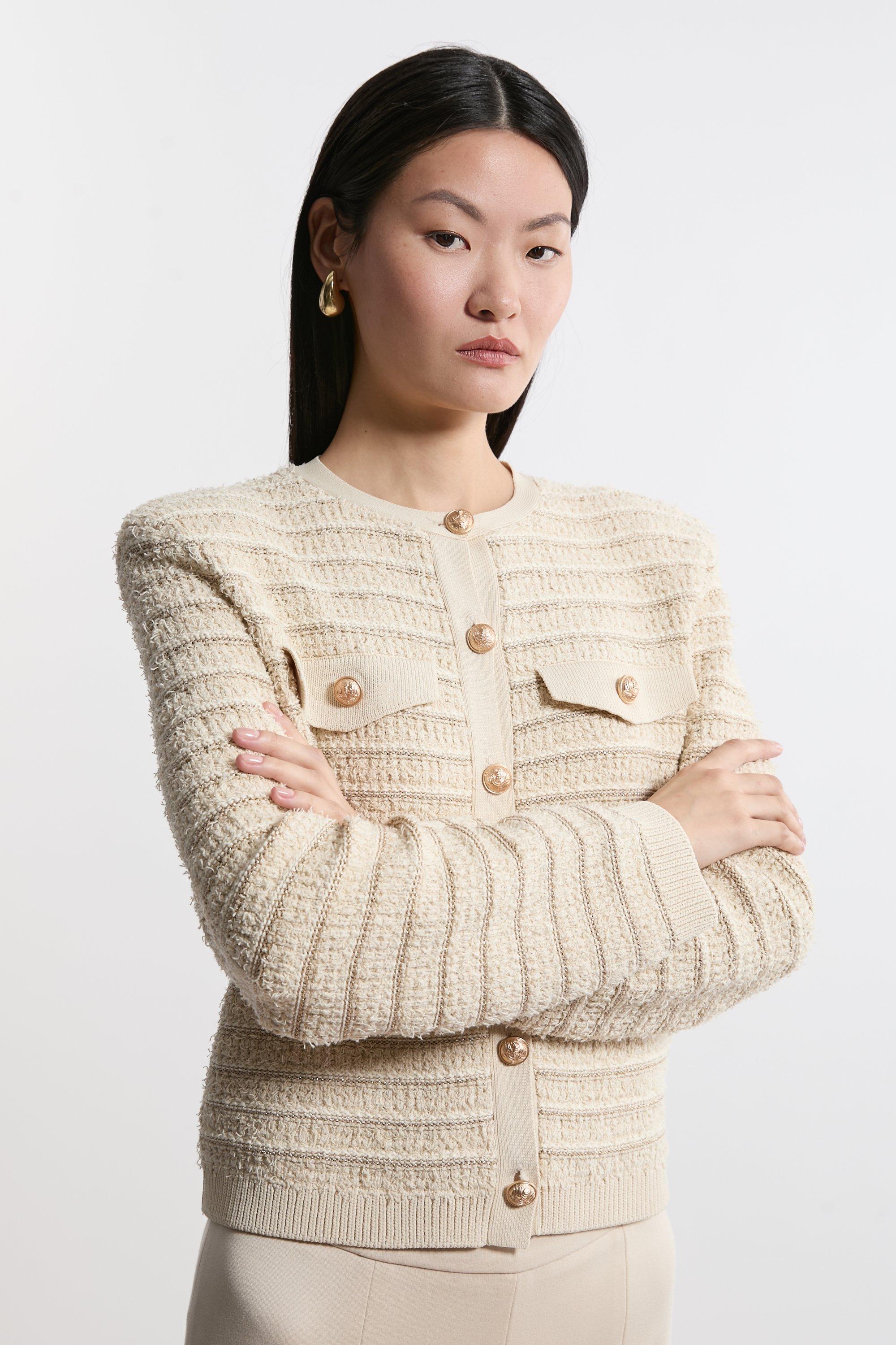 Textured Military Trim Knit Jacket - Cream