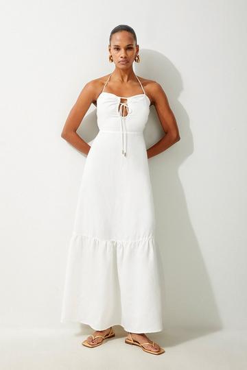 White Viscose Linen Woven Maxi Beach Dress