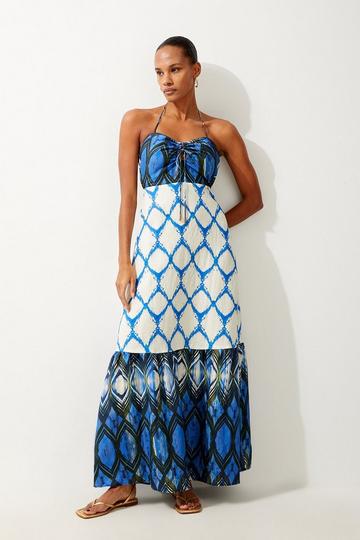 Tile Printed Viscose Linen Woven Maxi Beach Dress blue